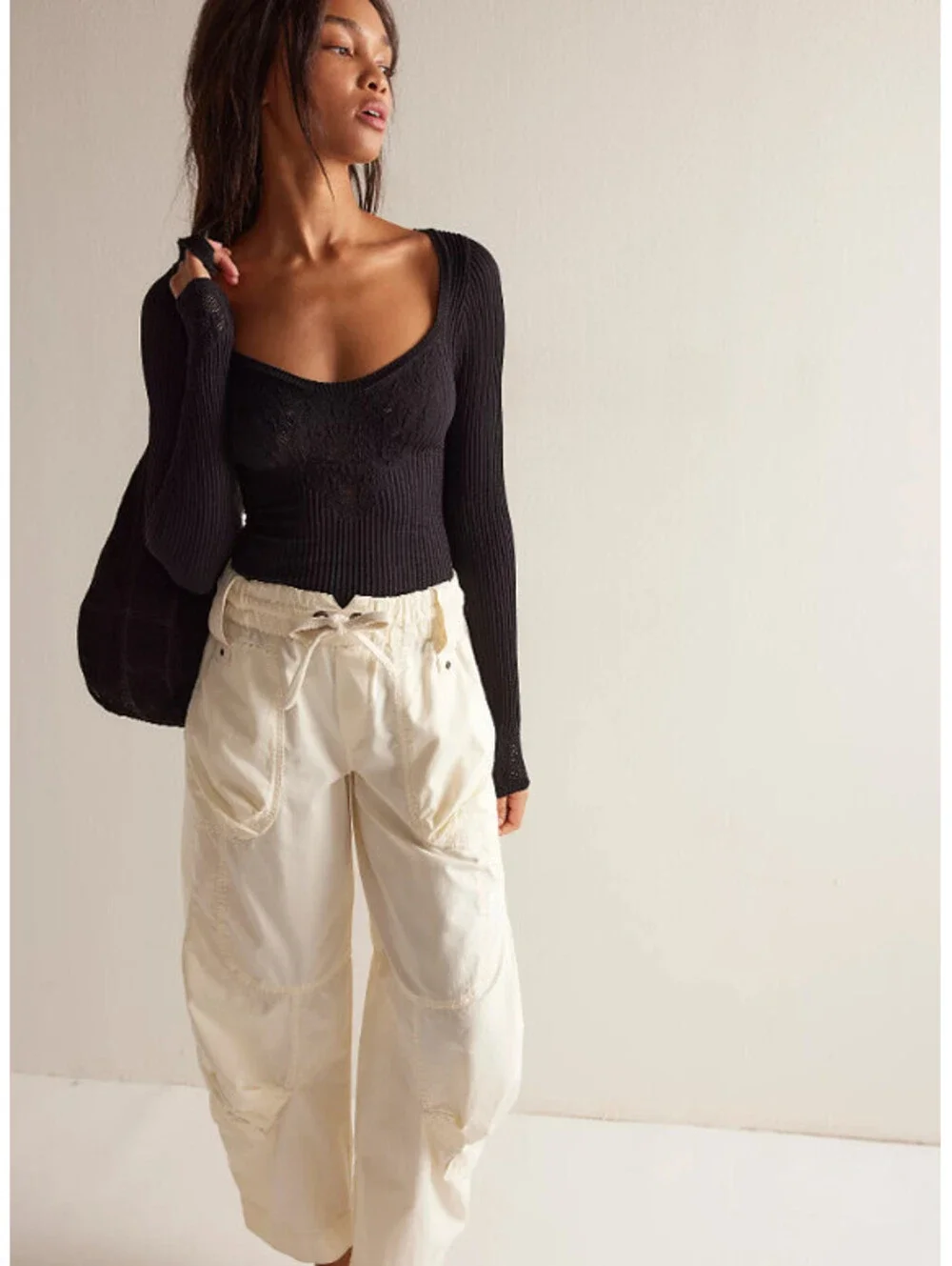 Free People Intimately Dynamic Duo Long Sleeve black top size M/L New